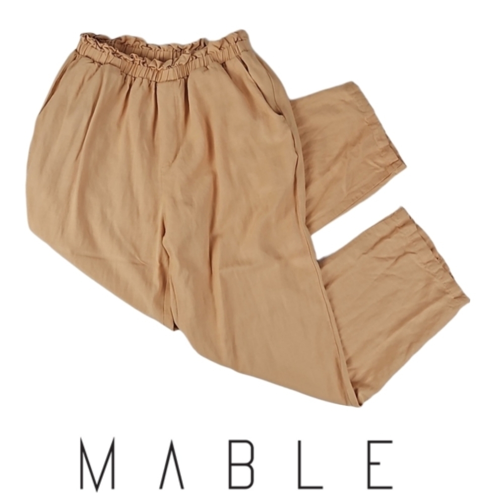 Linen Blend Pants, Casual Elastic Waist, Camel Pastel Peach, M - Picture 5 of 5